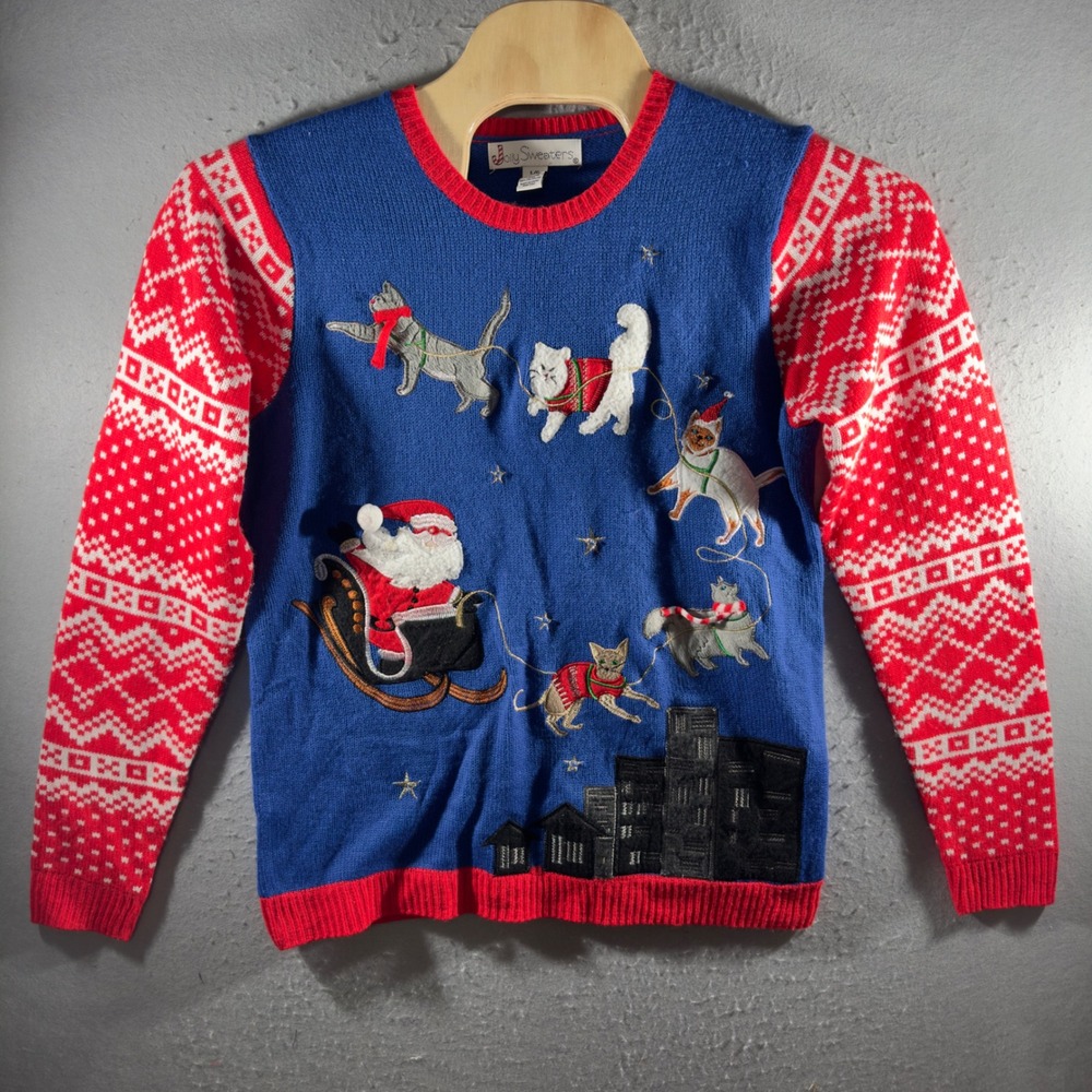 3232 | Jolly Sweaters Santa Cats Ugly Christmas Sweater Light Up Blue Women L